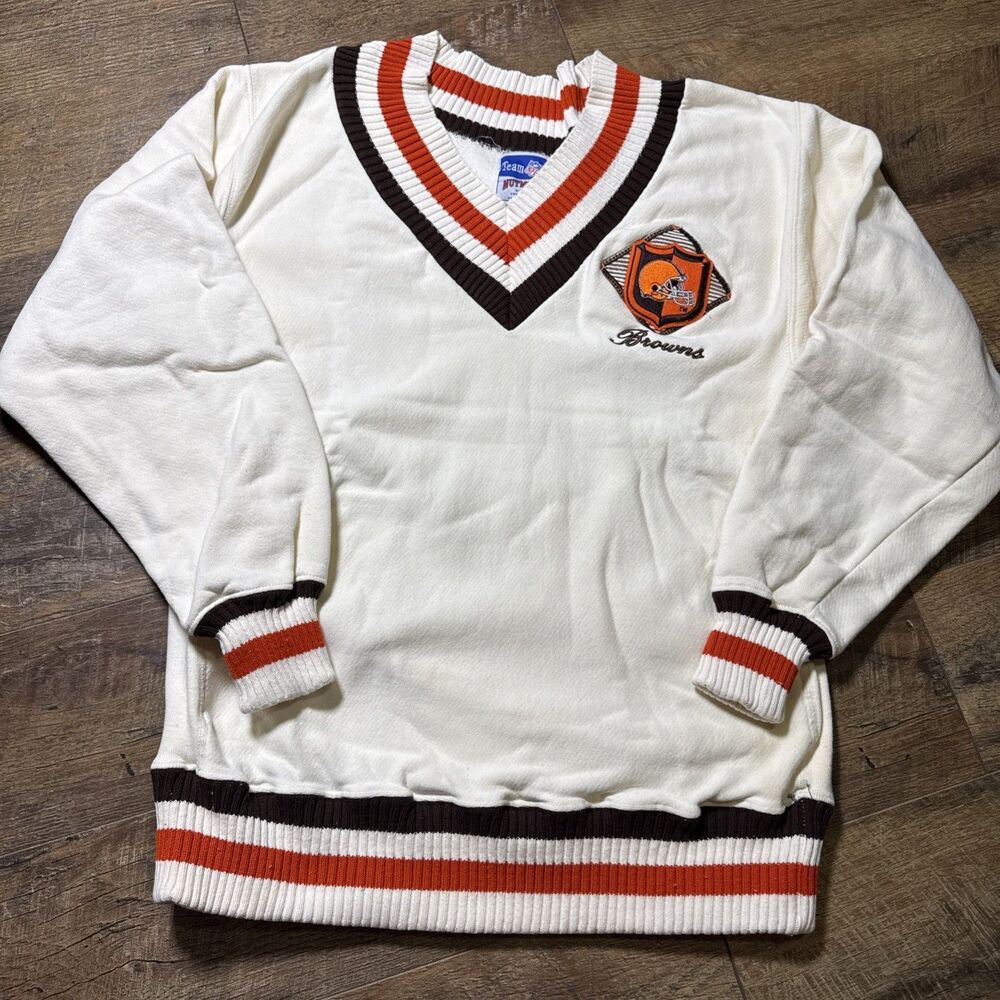 Vintage Cleveland Browns Nutmeg Mills V Neck  Pullover Sweatshirt L  Sweater